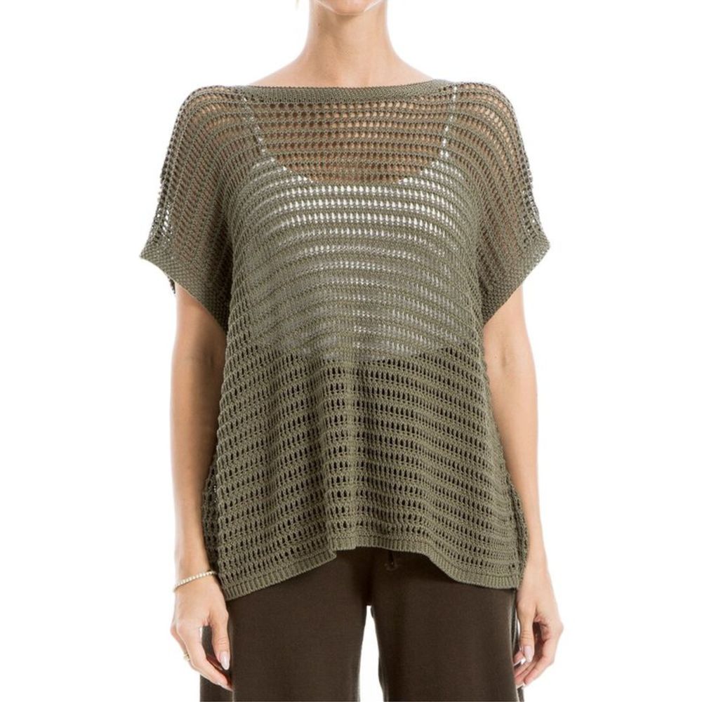 Max Studio Olive Open-Knit Scoop Neck Sweater
